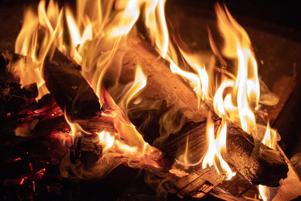 A crackling log fire